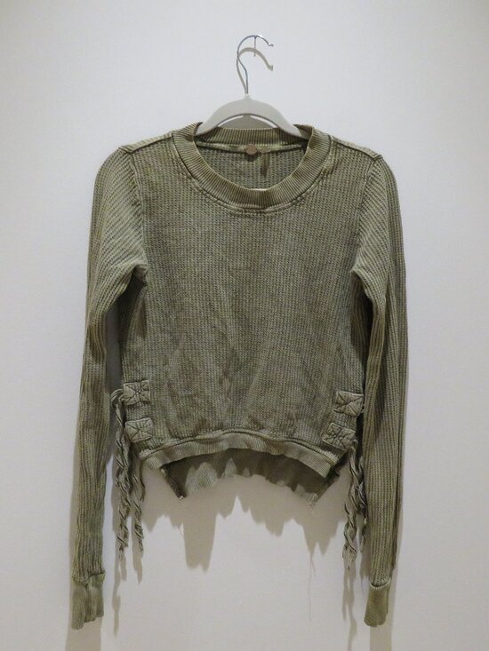 FREE PEOPLE FP ONE Cropped Interlaken Thermal Top Moss Green Small Boho Casual - Picture 2 of 15